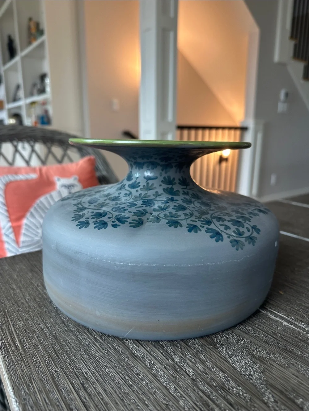 West Elm and Carla peters Blue-Gray Ceramic Vase with Teal Floral Motif 6x9